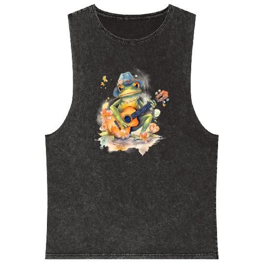 Cottagecore Aesthetic Frog Playing Banjo Guitar Mineral Wash Tank Tops