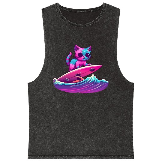 Synthwave Surfing Cat Mineral Wash Tank Tops