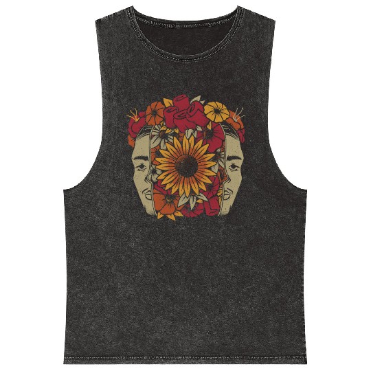 Frida Kahlo Head Flowers Mineral Wash Tank Tops