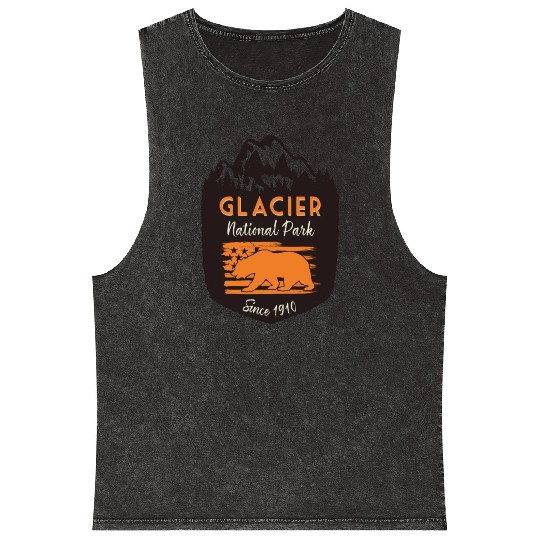 Glacier National Park Us Flag Grizzly Bear Mineral Wash Tank Tops