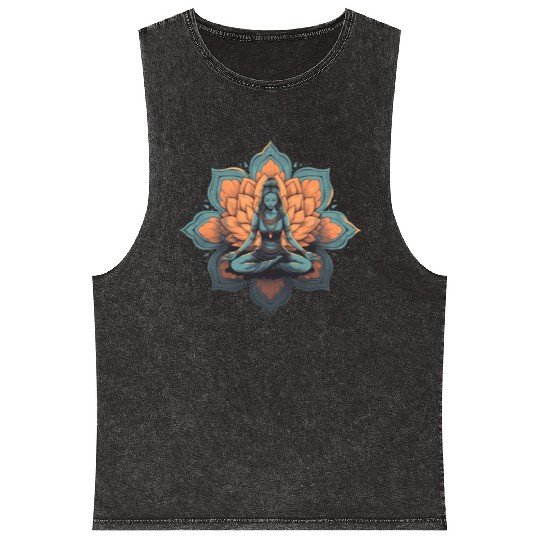 Women's Yoga Meditation Lotus Design Mineral Wash Tank Tops