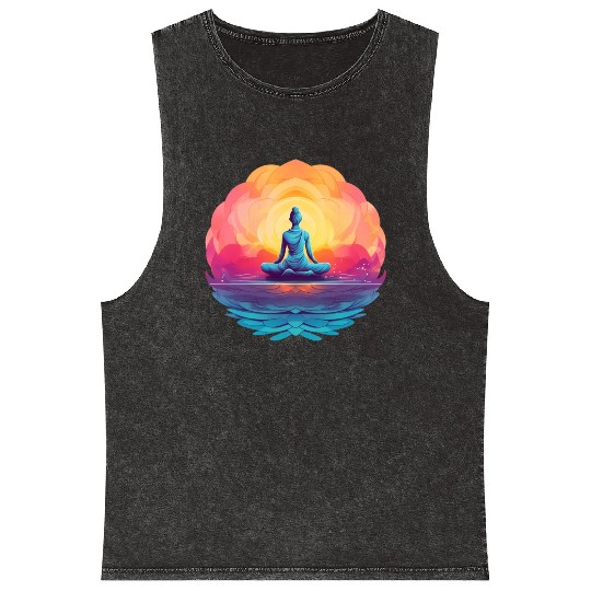 Women's Yoga Meditation Lotus Design Mineral Wash Tank Tops
