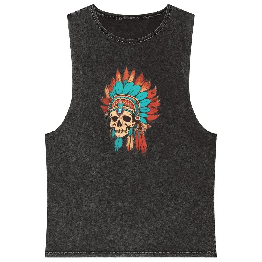 Native American skull with traditional costume wit Mineral Wash Tank Tops
