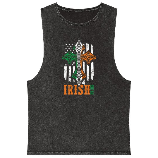 Irish American Flag Celtic Cross Mineral Wash Tank Tops