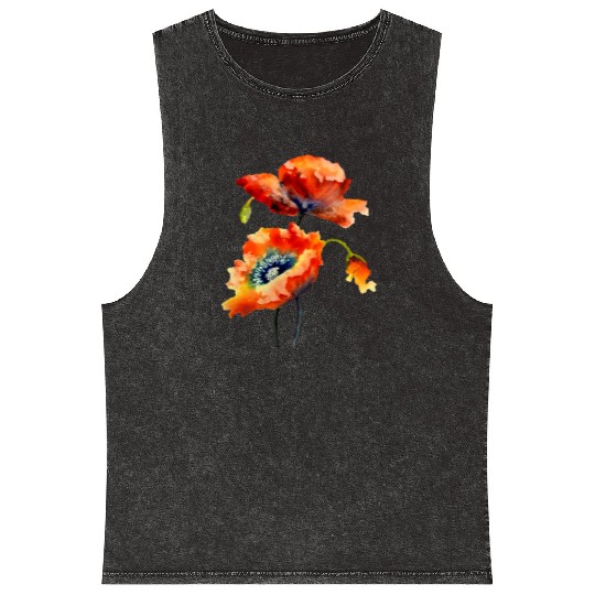 RED POPPIES Mineral Wash Tank Tops, WATERCOLOR RED POPPIES TOP