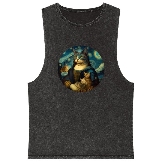 Mona Lisa With Cats Starry Night Van Gogh Painting Mineral Wash Tank Tops