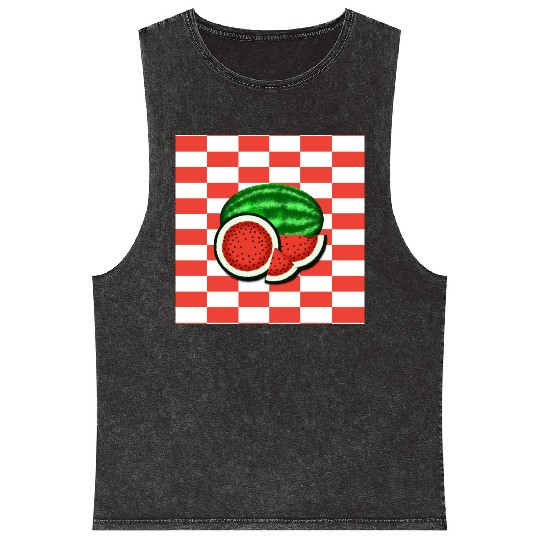 Watermelon on Watermelon Pink Background Mineral Wash Tank Tops