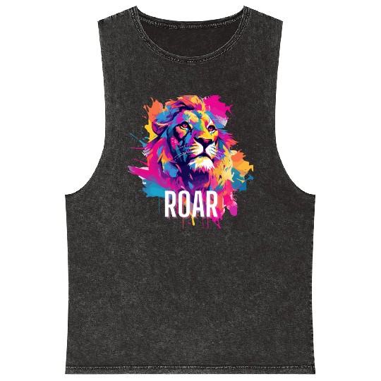 Roar Mineral Wash Tank Tops: Lion Synthwave Graffiti Kids Mineral Wash Tank Tops