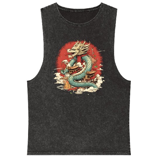 Sushi Dragon Japanesse Kawaii Mineral Wash Tank Tops