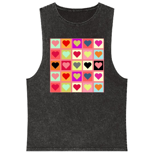Colorful Retro Vintage Checkered Heart Y2K Pattern Mineral Wash Tank Tops