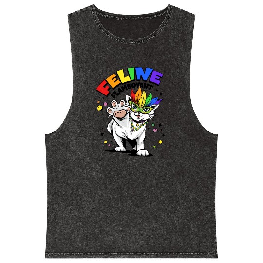 Feline Flamboyant Mardi Gras Bead Rainbow Cat LGBT Mineral Wash Tank Tops
