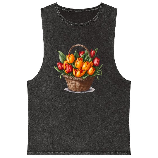 A bouquet of tulips in a basket. Mineral Wash Tank Tops