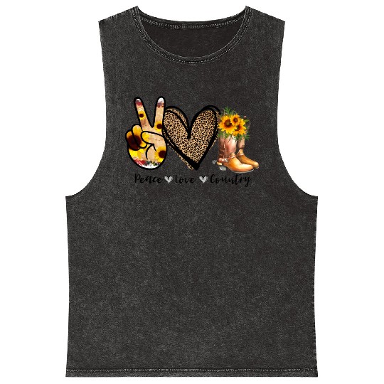 Sunflower Peace Love Country Cowgirl Midwest Boot Mineral Wash Tank Tops