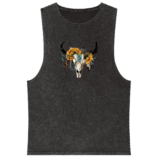 Bull Skull And Sunflowers Mineral Wash Tank Tops
