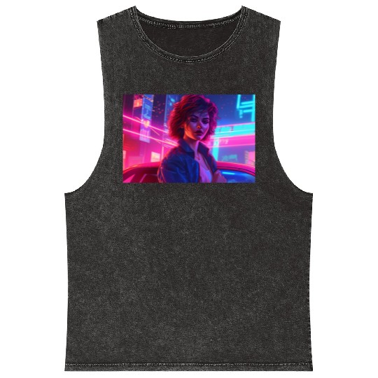 Synthwave Girl - Anime Portrait in Neon Colors Mineral Wash Tank Tops