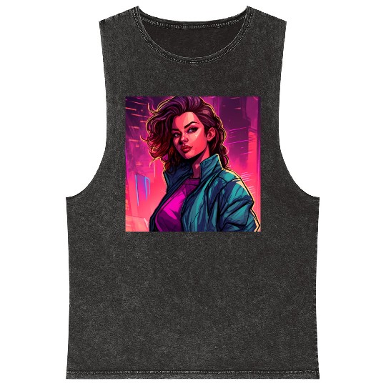 Synthwave City Bloom - Neon Pink Cityscape Mineral Wash Tank Tops