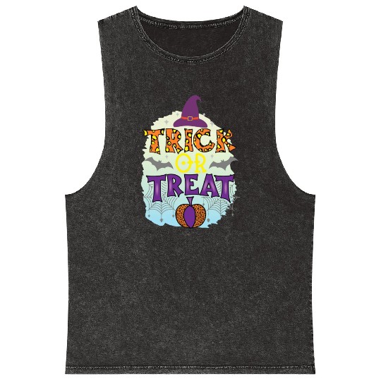 Trick Or Treat Happy Halloween Purple Quote Mineral Wash Tank Tops