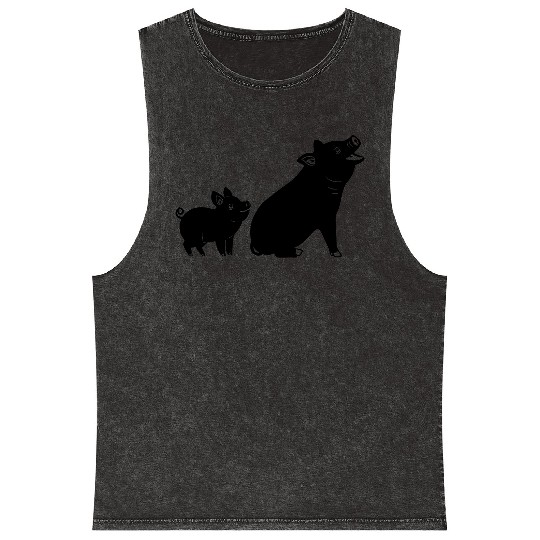 Cheerful pig with piglet logo Mineral Wash Tank Tops