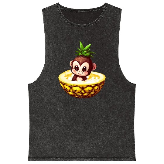 Monkey Chimpanzee with Pineapple, Funny Tropical Mineral Wash Tank Tops