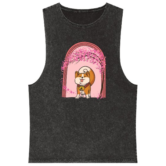 Cherry Blossom Mineral Wash Tank Tops, Shiba Inu Dog Sakura Kawaii
