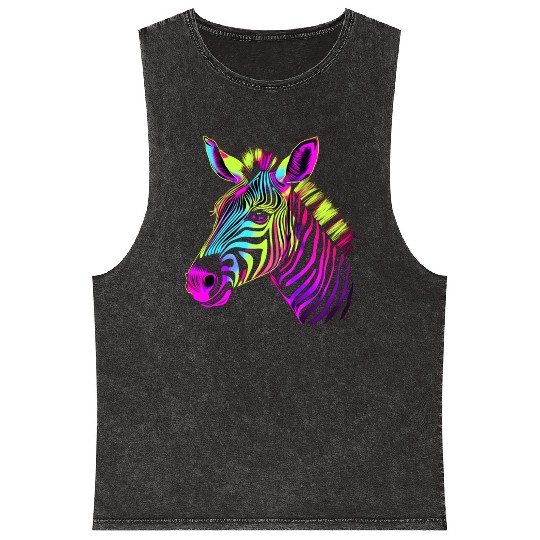 Zebra Neon Colors Portrait Mineral Wash Tank Tops