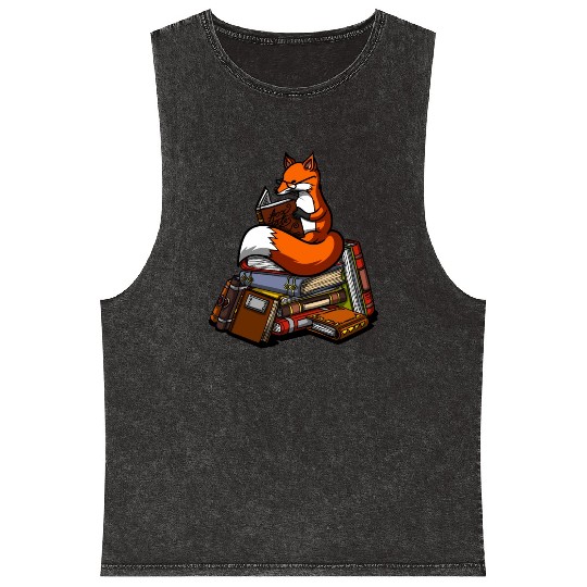 Fox Book Reading Librarian Animal Mineral Wash Tank Tops