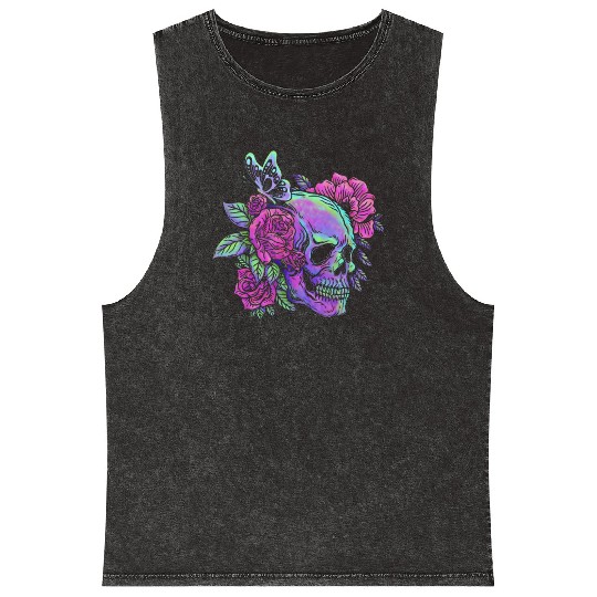 Skeleton Mineral Wash Tank Tops, Neon Skull Roses Gothic Skeleton