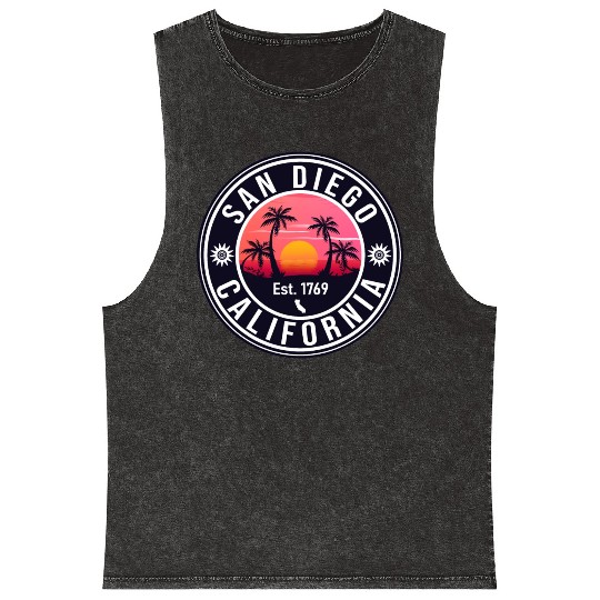 San Diego California Beach Retro Sunset Souvenirs Mineral Wash Tank Tops