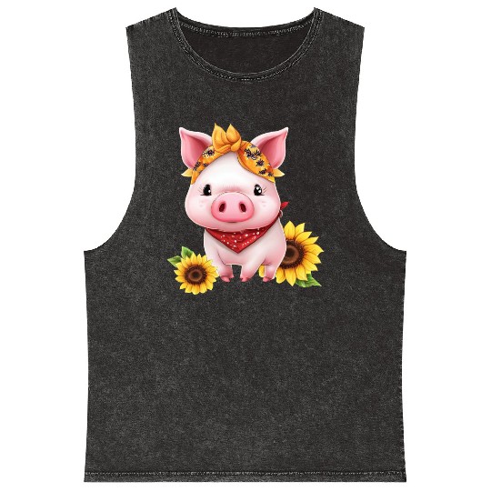 Pig with Bandana and Sunflower, Charming Farm Mineral Wash Tank Tops
