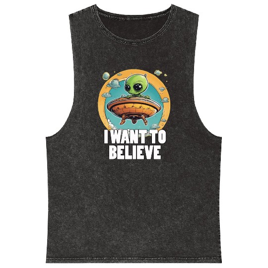 I WANT TO BELIEVE cute alien in spaceship Mineral Wash Tank Tops