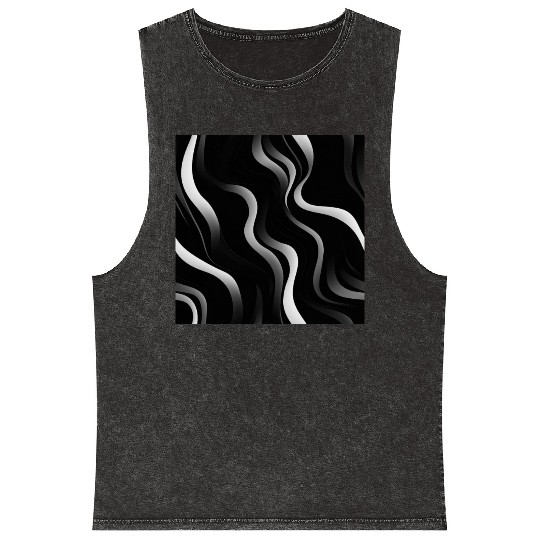 Monochrome Elegance: White Abstract Lines on Black Mineral Wash Tank Tops