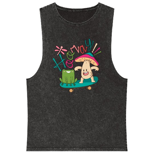 Sweet Frog Skateboarding With A Mushroom Mineral Wash Tank Tops