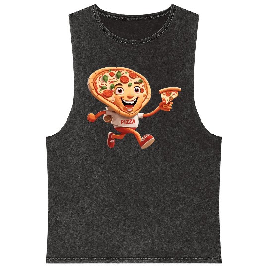 Cartoon Character of Pizza Running Design Mineral Wash Tank Tops