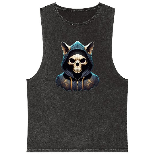Hooded Feline Skull: Skeletal Elegance with Claw Mineral Wash Tank Tops