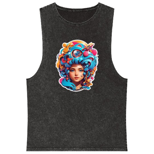 Psychedelic girl with multi color hair. futuristic Mineral Wash Tank Tops