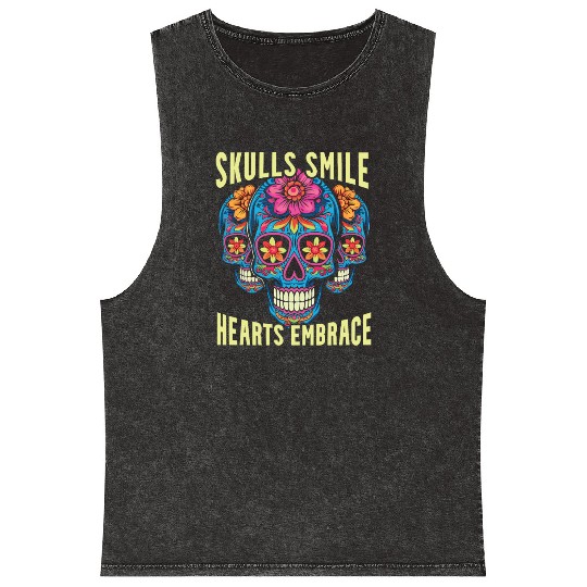 Dia De Los Muertos Sugar Skull Mexican Holiday Mineral Wash Tank Tops