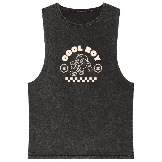 Beige Retro Mascot Cool Boy Mineral Wash Tank Tops