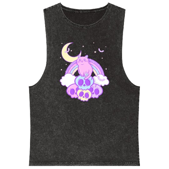 Pastel Goth Cat Skull Lover Cute Gothic Yami Mineral Wash Tank Tops