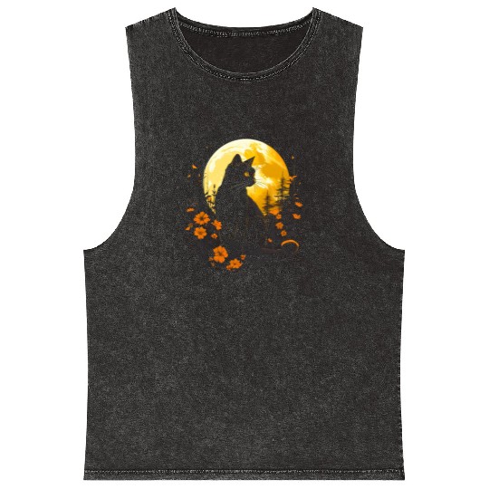 Black cat under the moon and Wild flowers Mineral Wash Tank Tops