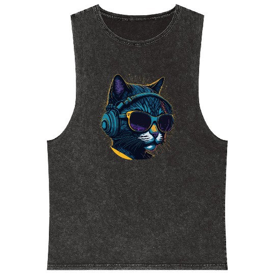 Cool Sunglasses Headphone Galaxy Cat Mineral Wash Tank Tops