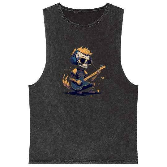 Skeleton Playing The Guitar Character Funny Cool Mineral Wash Tank Tops