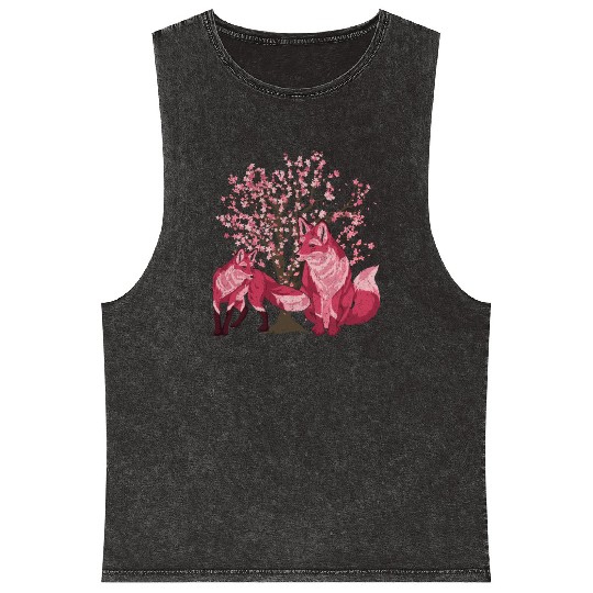 Cherry blossom tree forest animal gift sakura fox Mineral Wash Tank Tops