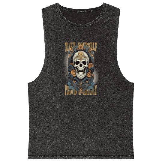 Art deco style Skull with flowers and Motivation b Mineral Wash Tank Tops