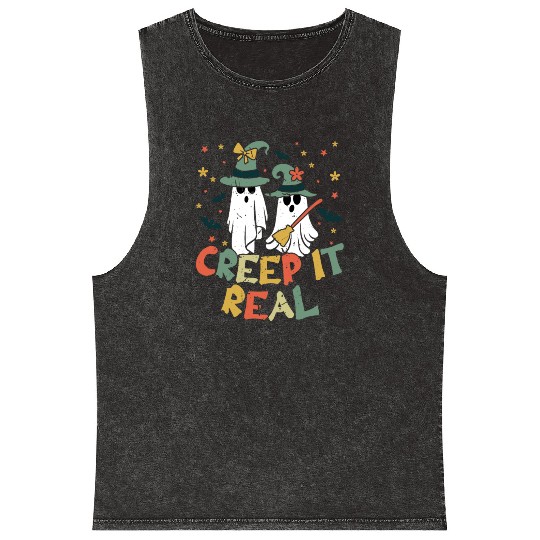 Retro Vintage Ghost Witch Lazy Creepy Halloween Mineral Wash Tank Tops