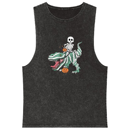 Skeleton Dinosaur Funny Lazy Creepy Halloween Mineral Wash Tank Tops