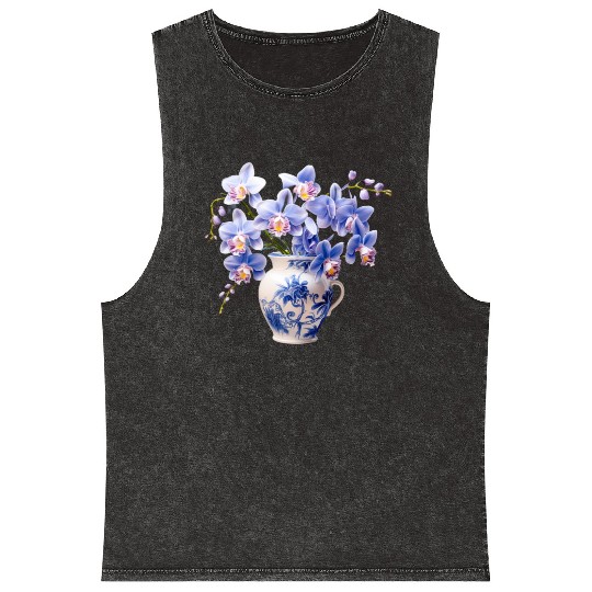 Blue Orchids in a Vase Graphic Mineral Wash Tank Tops