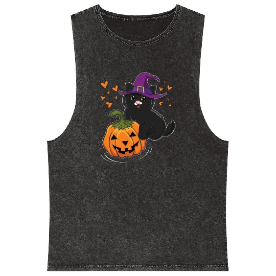 Witch Cat In Pumpkin Cool Creepy Halloween Mineral Wash Tank Tops