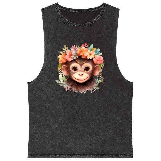 Monkey Chimpanzee Jungle Animal Boho Floral Ape Mineral Wash Tank Tops