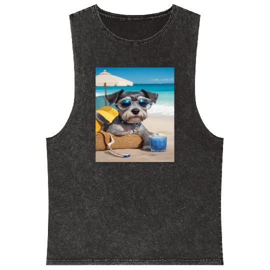 Schnauzer Chilling at the Beach with a Drink Mineral Wash Tank Tops