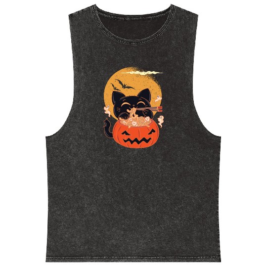 Kawaii Creepy Cat Eating Ramen Noodles Halloween Mineral Wash Tank Tops